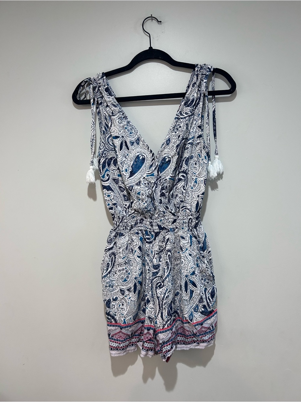 BeBop Blue and White Paisley Tie-Shoulder Romper
